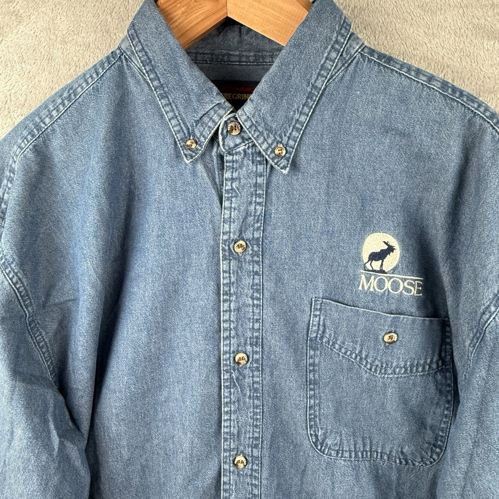 Embroidered Moose Denim Button Down Shirt Mens XL Outdoors Maine Gorpcore Grunge